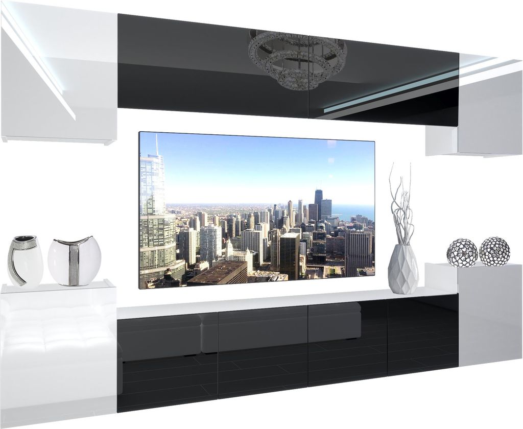 BELINI Wohnwand Vollausstattung Wohnzimmer-Set Moderne Schrankwand mit LED-Beleuchtung Weiß Glänzend Anbauwand TV-Schrank Weiß / Schwarz Glänzend