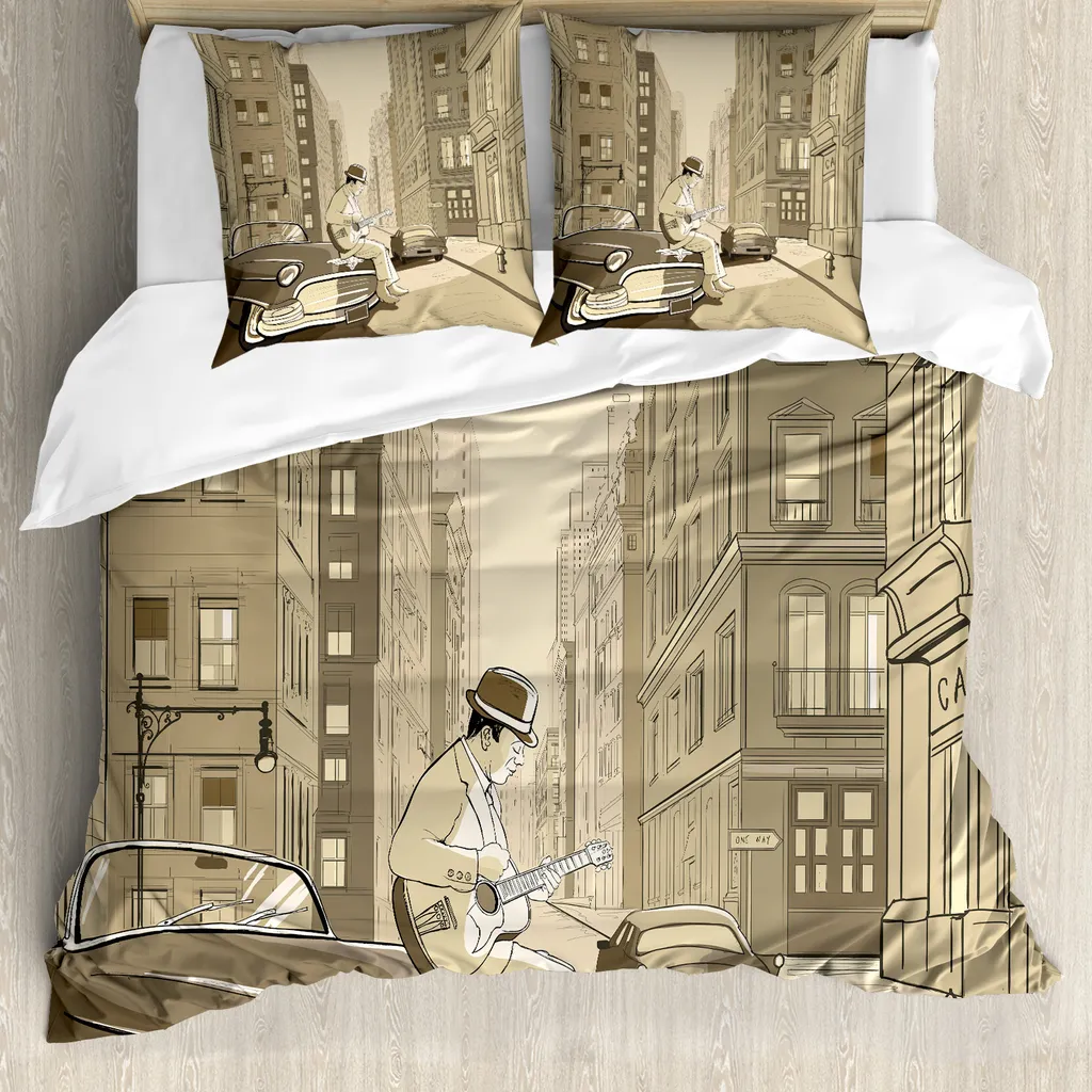 ABAKUHAUS Copripiumino Jazz Music, Old Street di New York, antiacaro e anallergico, con federe, 155 cm x 220 cm - 80 x 80 cm, beige