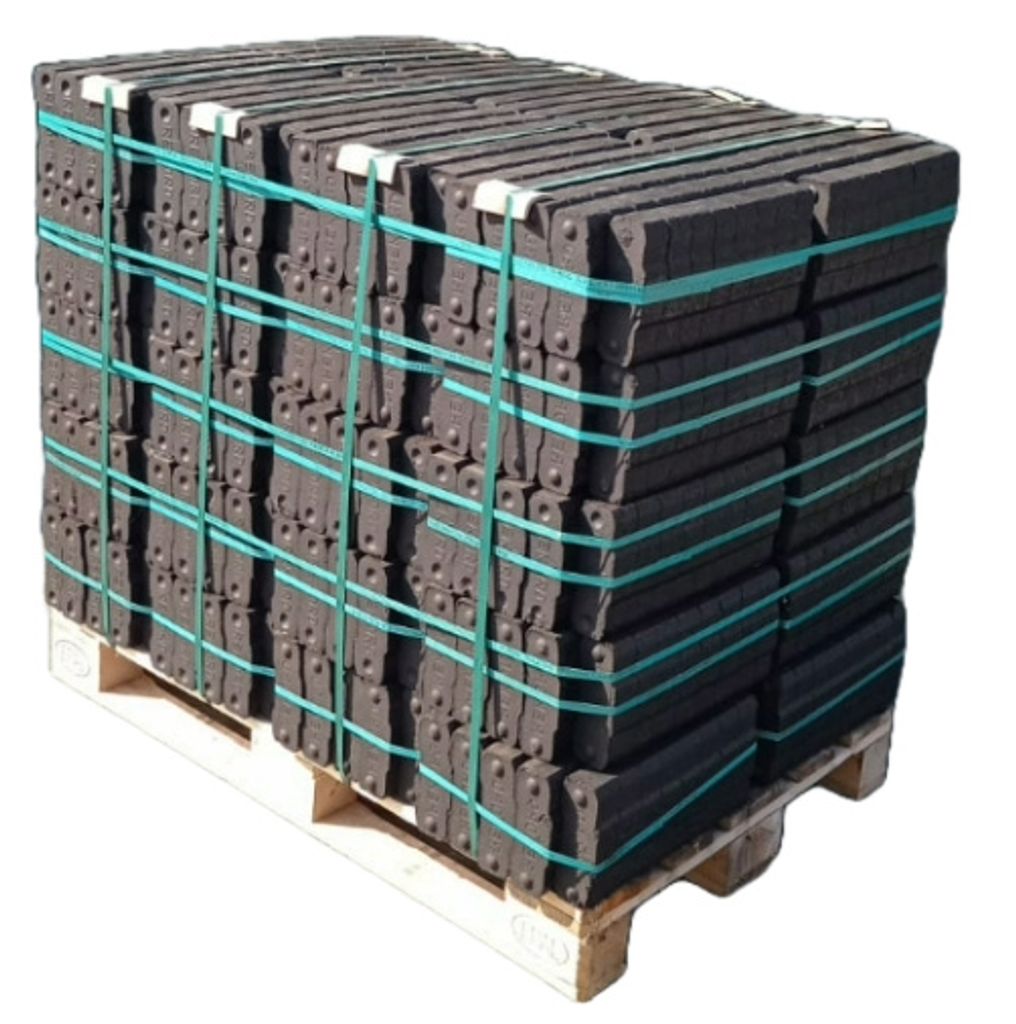 A pallet of stacked briquettes, secured with straps.