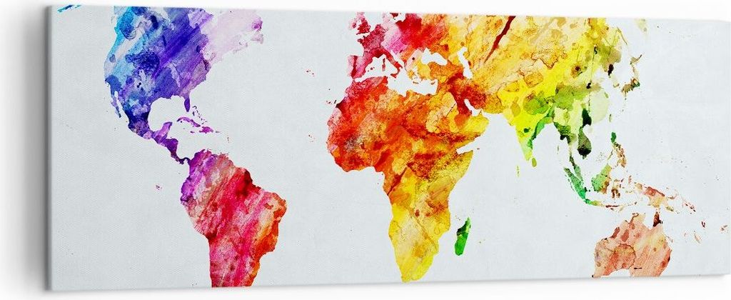 Bild auf Leinwand - Leinwandbild - Welt Karte Bunt Kontinente - 140x50cm - Wand Bild - Wanddeko - Leinwanddruck - Bilder - Kunstdruck - Wanddekorat...