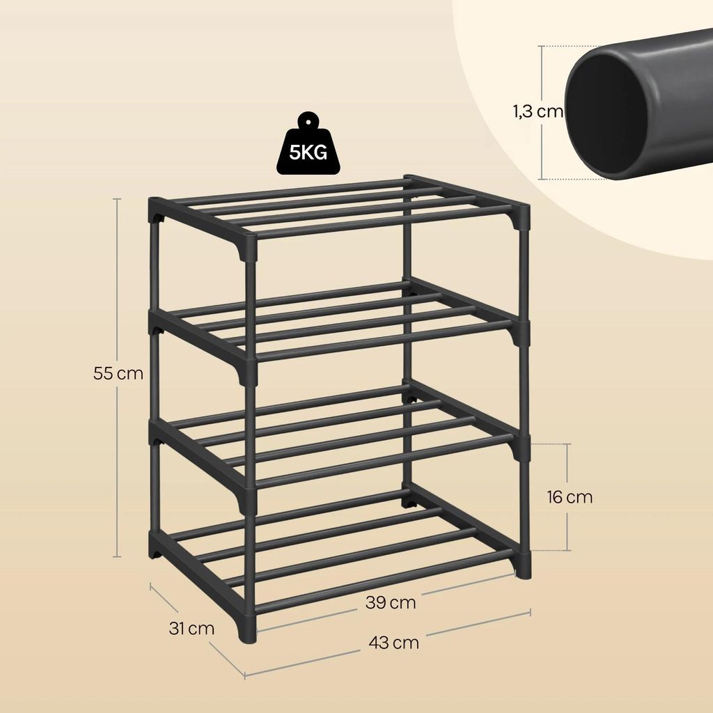 Schmales Schuhregal - 4-stöckiger Schuhständer - Aluminiumrohre - 30×42×88 cm - 5 kg pro Ebene - Schwarz