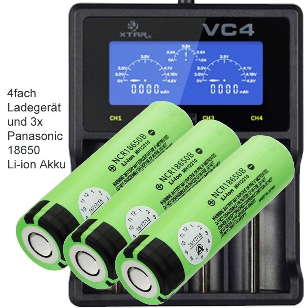 3x Panasonic 18650 Li-Ion Akku und 4fach Li-Ion Produktbild 