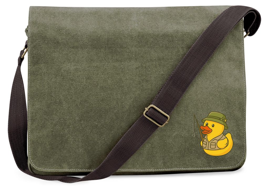 Huuraa Umhängetasche Quietscheente Angler Comic Gummiente 14 Liter Military Green Canvas Laptoptasche Geschenkidee