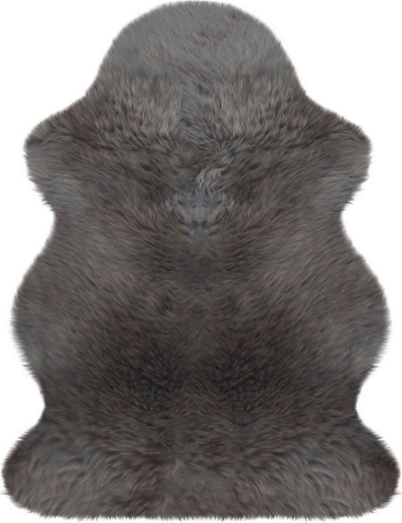 A single, grey sheepskin rug is shown against a white background.