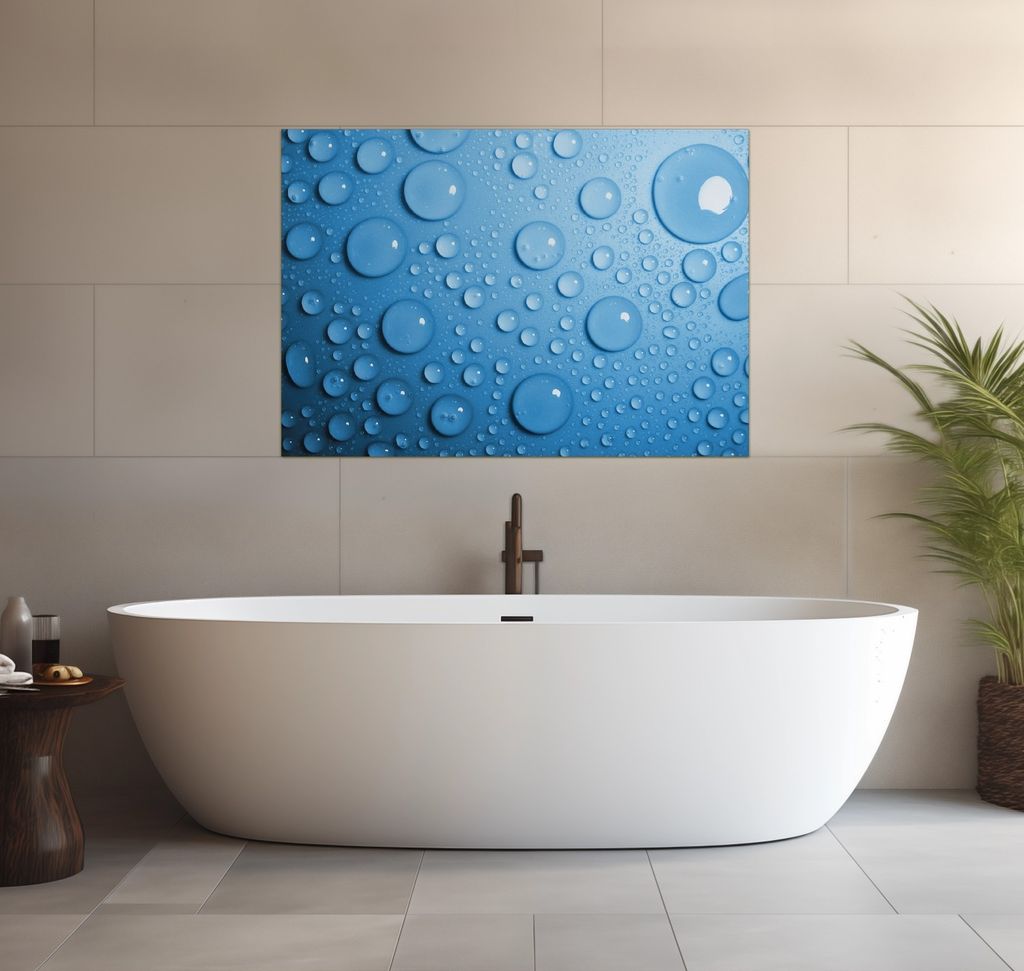 Wallario wasserfestes Poster selbstklebend 70 x 100 cm, Wassertropfen auf Blau, Badezimmerposter Spritzschutz mit Hochglanzoberfläche in Glasoptik