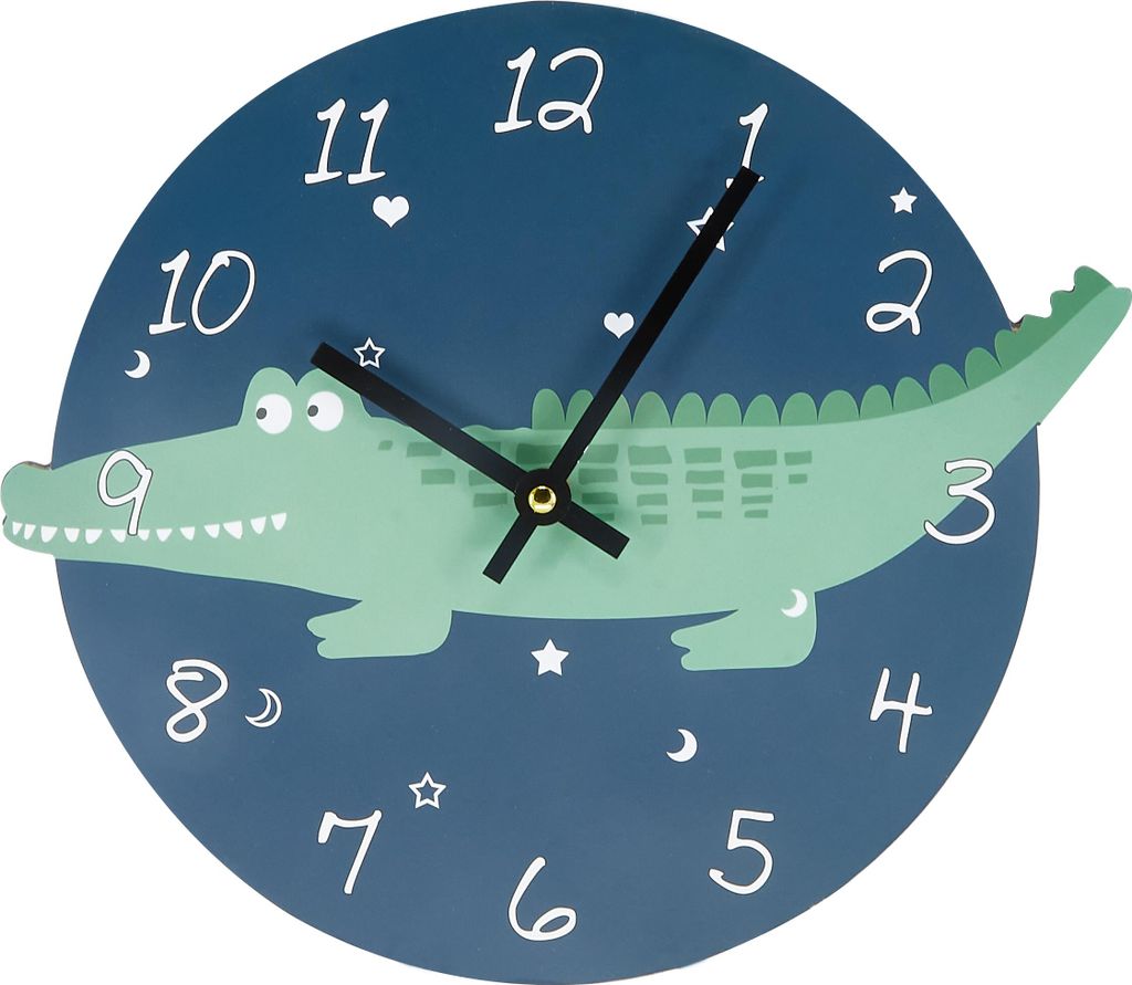 A cartoon-style wall clock featuring a green alligator on a dark blue background with numbers and decorative elements.