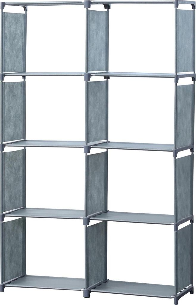 A gray, multi-shelf storage unit against a white background.