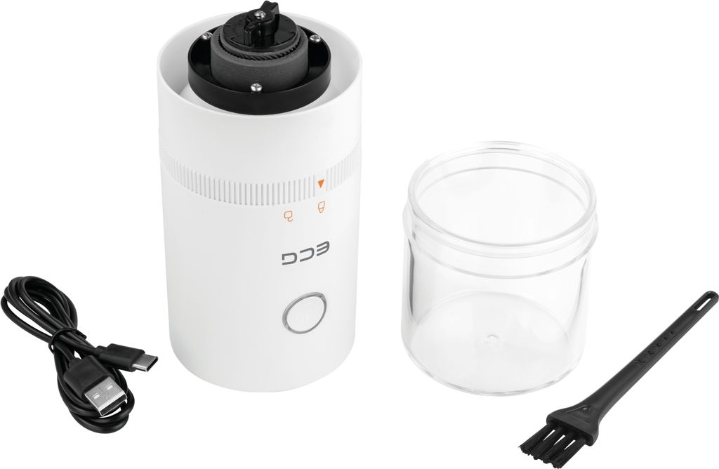 A white electric coffee grinder with its accessories, including a USB-C charging cable, a detachable transparent container, and a cleaning brush, is displayed against a white background.