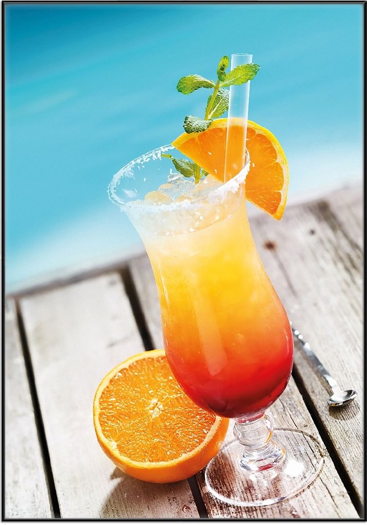 Wallario Wandbild Bunter Cocktail am Pool, Größe: 70,30 x 100,30 cm, Poster mit schwarzem Aluminiumrahmen