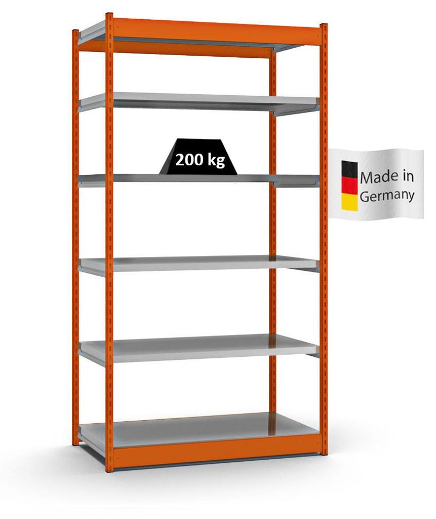 PROREGAL Fachbodenregal Stecksystem Vierkant-Profil MAGNUS Germany | HxBxT 250x132,5x60cm | 6 Ebenen | Fachlast 200kg | Orange/Verzinkt