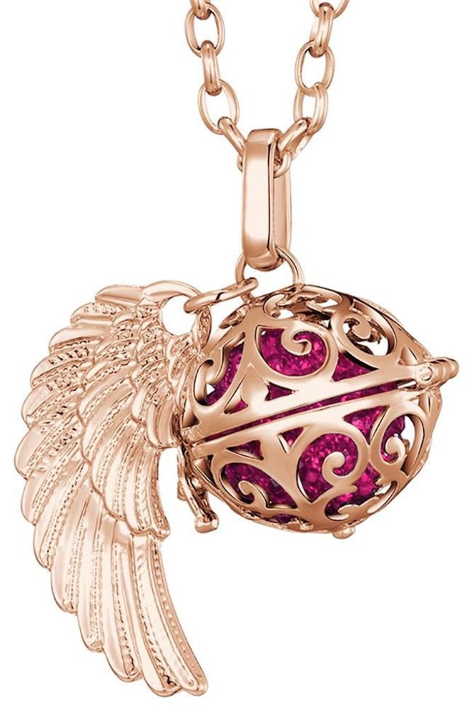 Morella Damen Halskette roségold Edelstahl 70 cm mit roségoldenem Anhänger Engelsflügel und Klangkugel Zirkonia pink Ø 16 mm in Schmuckbeutel