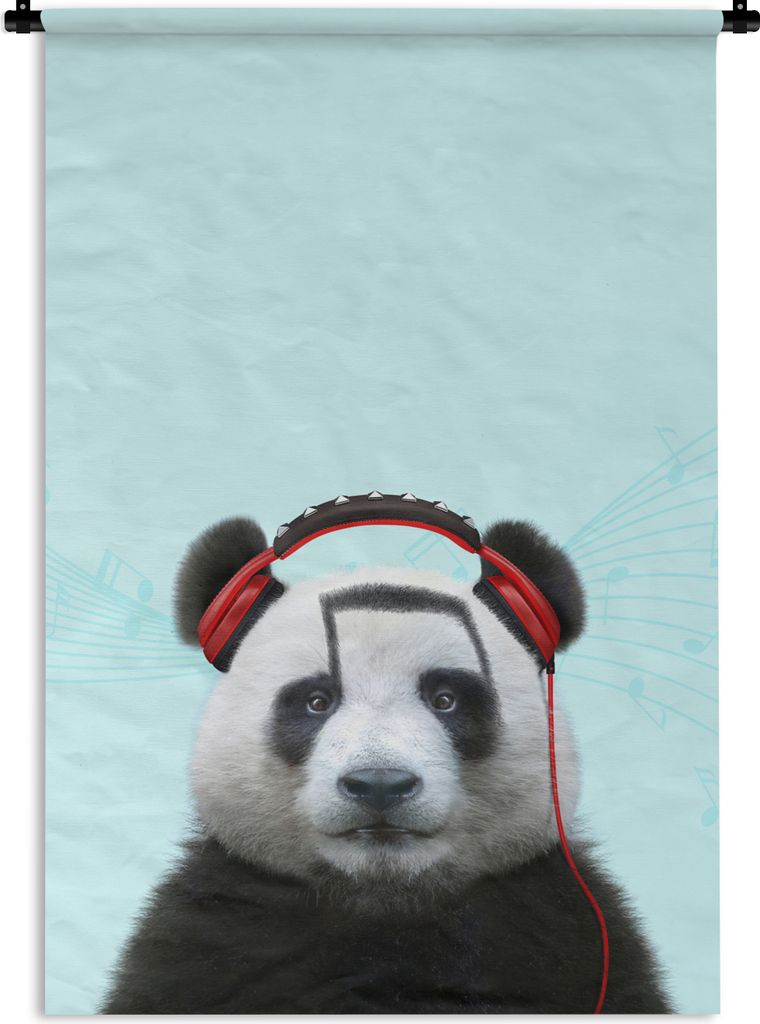 MuchoWow Wandteppich Wandbehang Panda - Kopfhörer - Tier - Musiknoten - Rot 120x180 cm Tapisserie Dekoration Wandtuch - Schlafzimmer - Dekoratio...