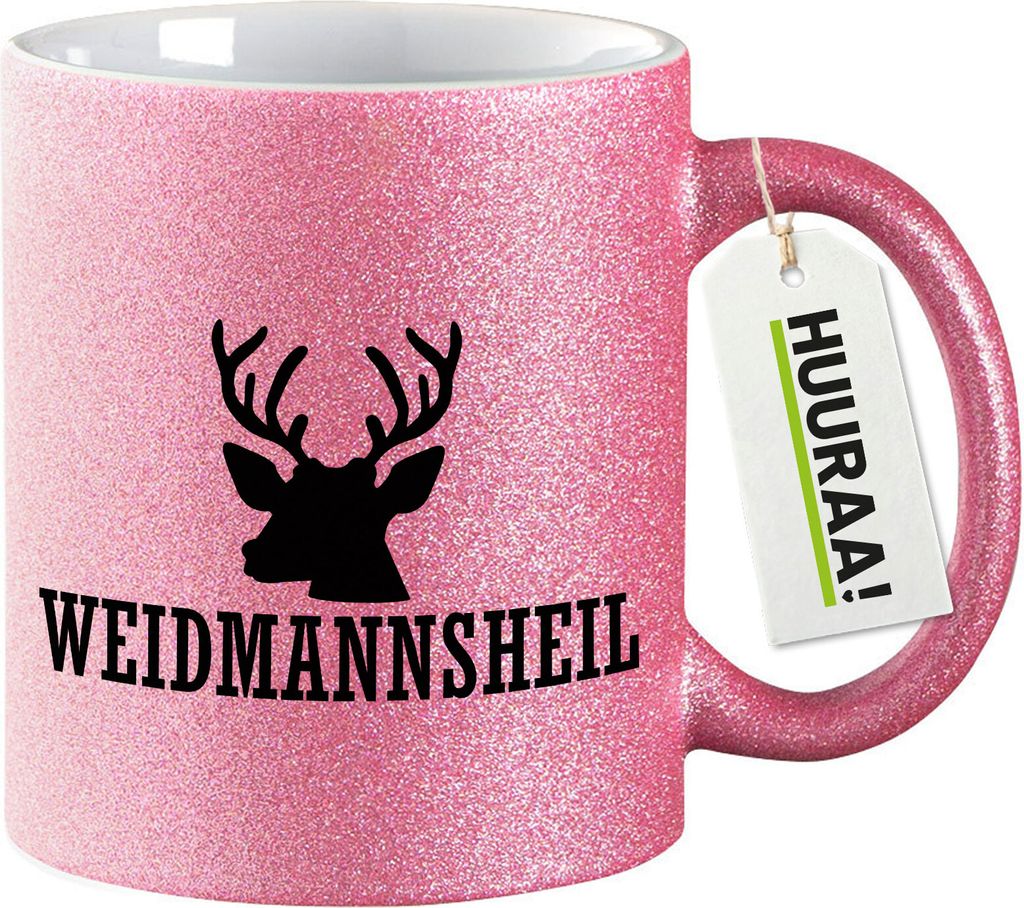 Huuraa Glitzertasse Weidmannsheil Hirsch Jägergruß 330ml Pink Keramik Kaffeebecher Geschenkidee