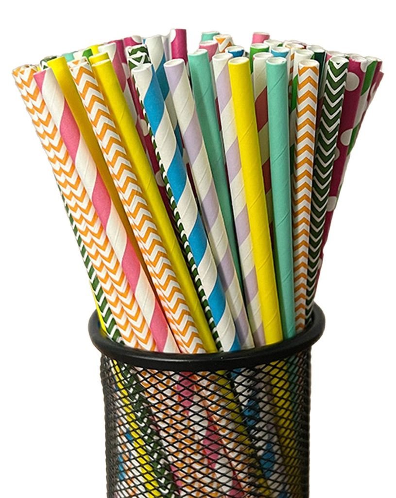 100 Stück biologisch abbaubare Papierstrohhalme mit buntem Streifenmuster, lebensmittelecht, ideal für Partys