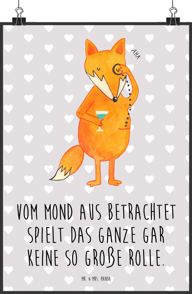 Mr. & Mrs. Panda Bild Fuchs Lord DIN A2 - Grau Pastell - Geschenk, drucke, Motivation Spruch, Lustig, Mond, Wanddekoration, Plakat, Neugierig, Cock...