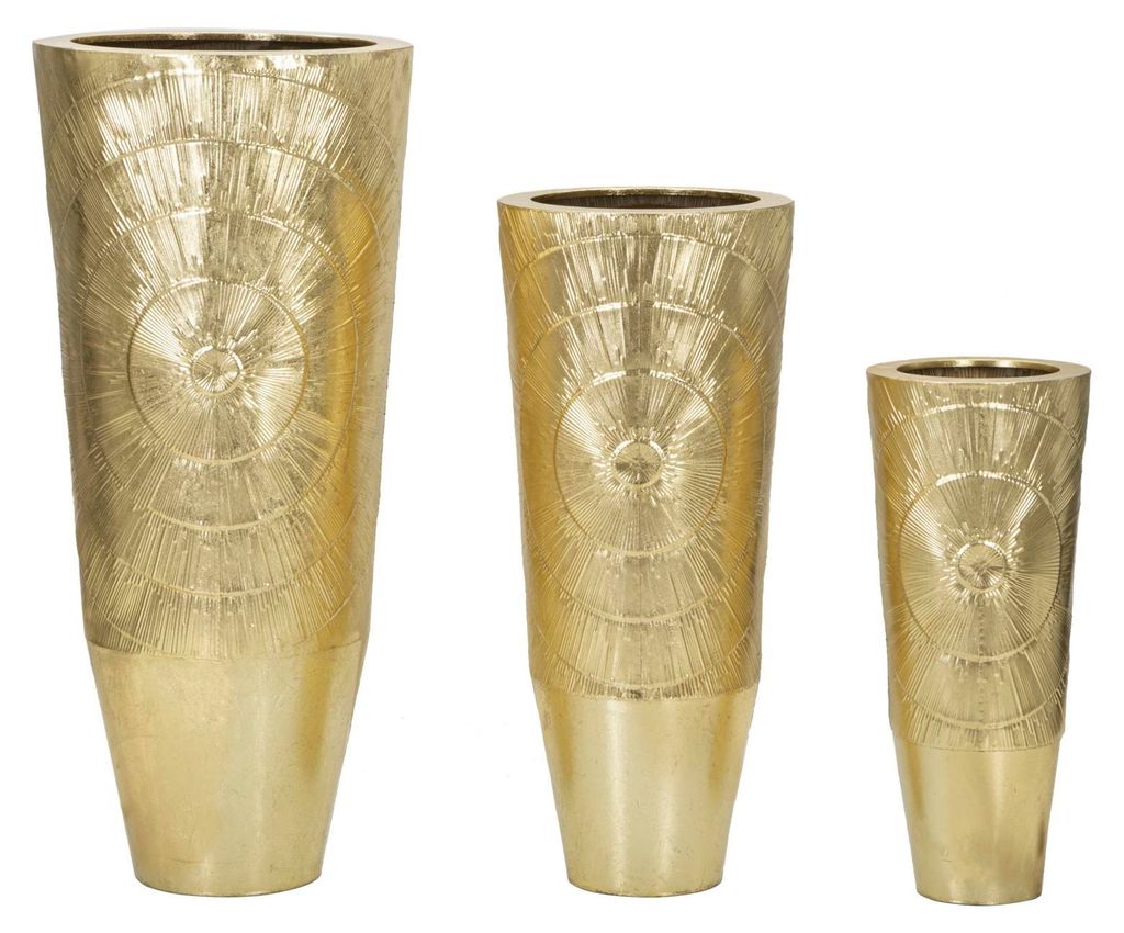 Set aus 3 goldenen Vasen aus Metall – Trio mit Produktbild 