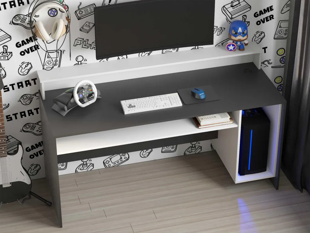 Table de bureau gamer 140 cm Beri blanc et noir pour setup informatique