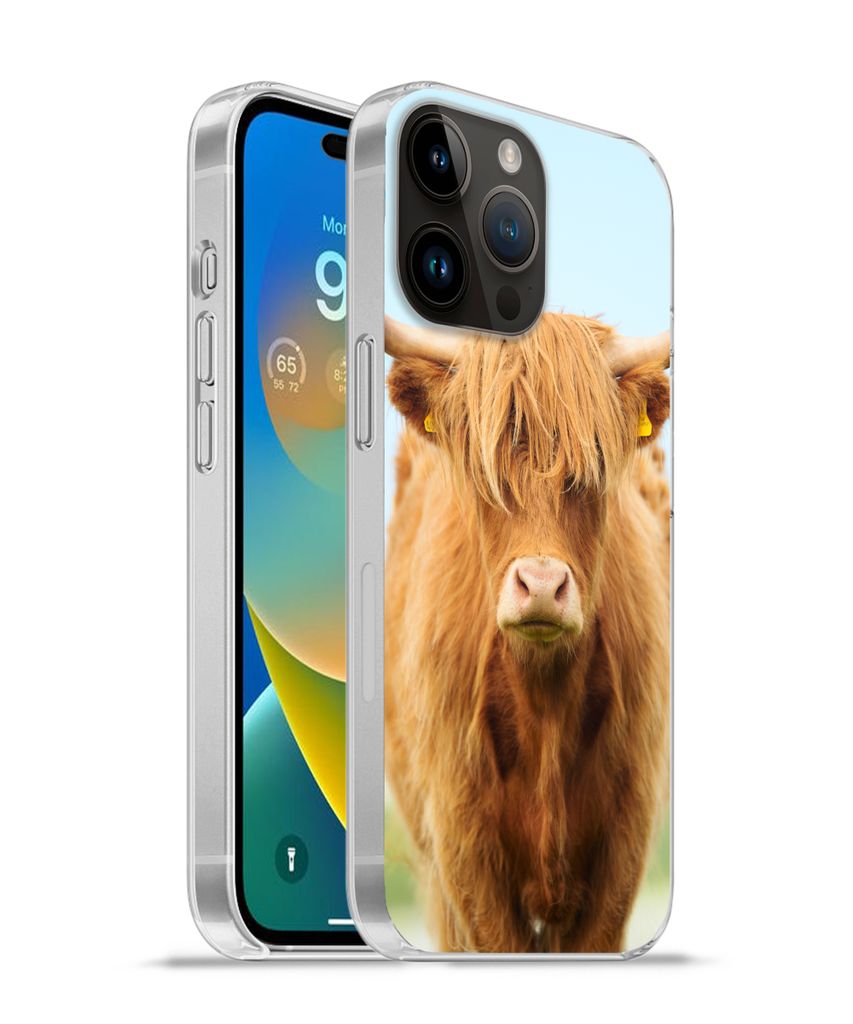 MuchoWow Handyhülle Schutzhülle Hülle für Apple iPhone 14 Pro - Softcase Schottischer Highlander - Haare - Gras Silikon Softcase Handy Hülle...