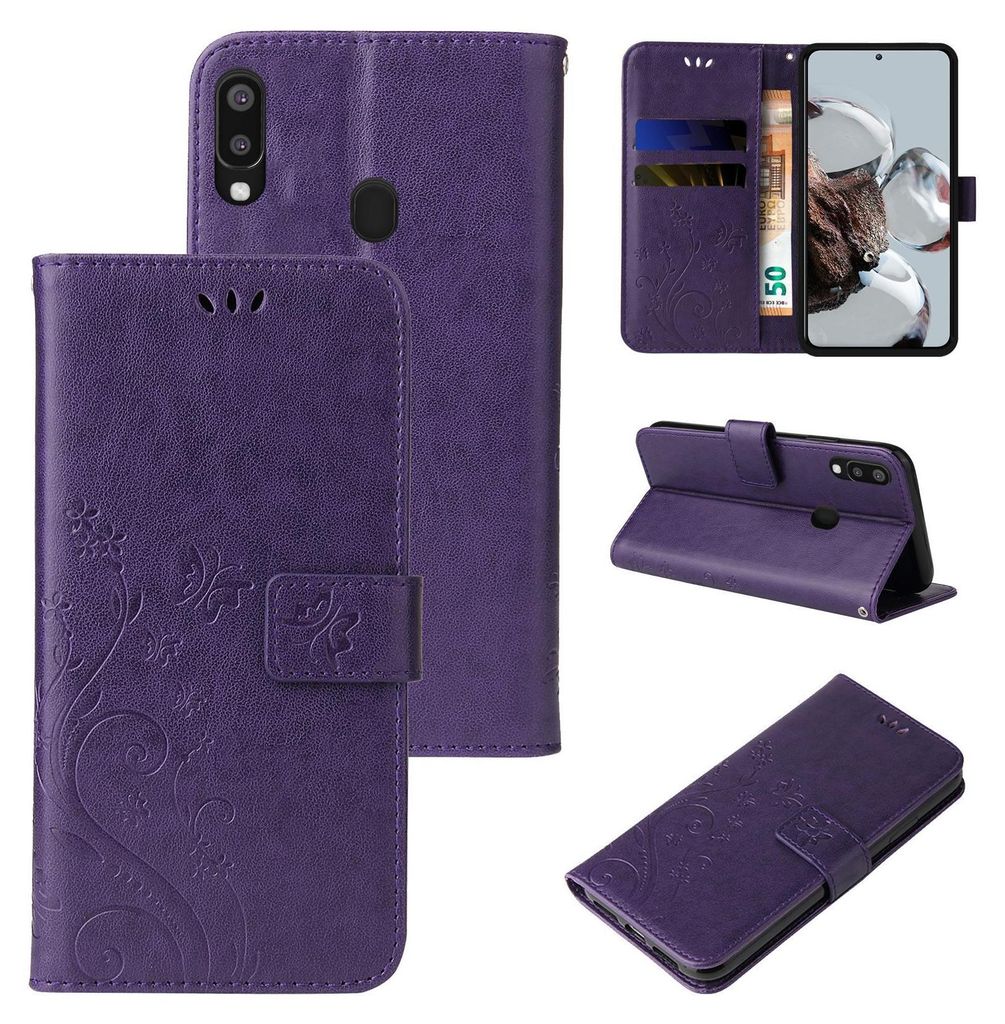 A collage of images showing a purple floral butterfly flip phone case for a Samsung Galaxy A20e.