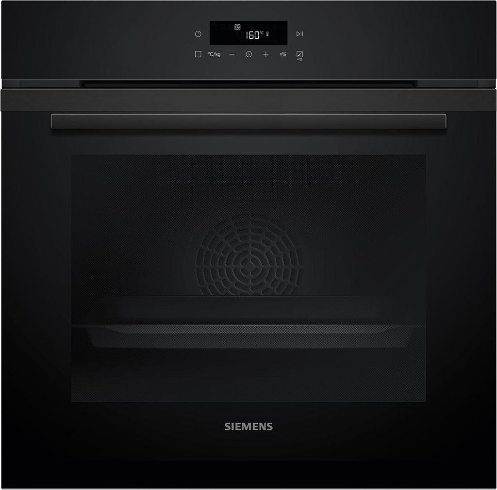 A front view of a black Siemens oven with its door closed and the display showing '160'.