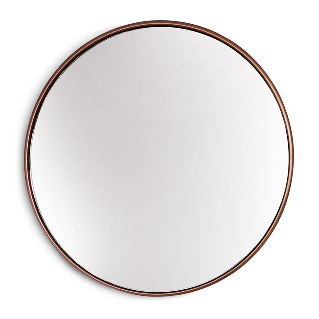 A round mirror with a rose gold metal frame, presented against a white background.