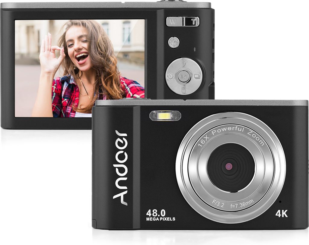 Tragbare Andoer-Digitalkamera, 48 MP, 4K, 2,88 Zoll IPS-Bildschirm, 16-facher Zoom, Autofokus, Selbstausloeser, Gesichtserkennung, Anti-Shake-Funkt...
