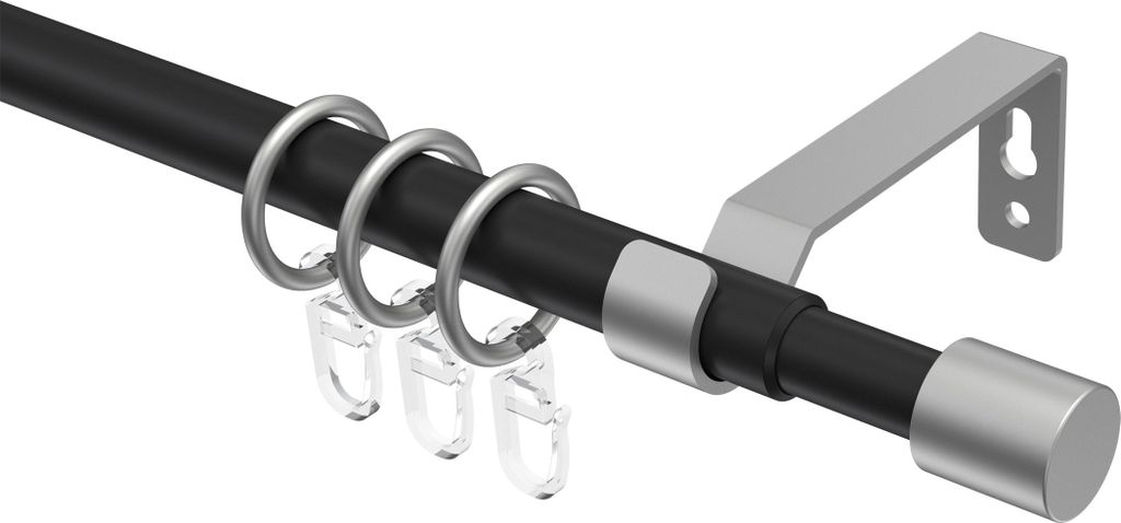 Interdeco Gardinenstange ausziehbar / Teleskop-Vorhangstange Schwarz / Silbergrau, Typ Hera Livo (Kappe), 16/13 mm Ø 1-läufig, 160-300 cm ausziehbar