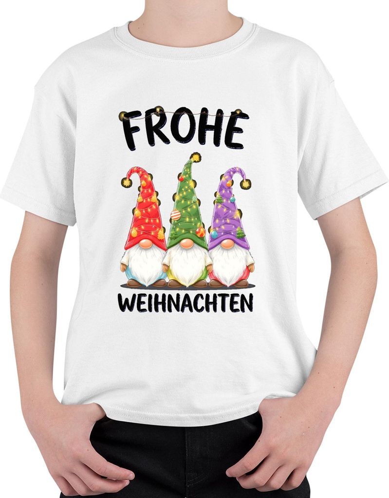 Frohe Weihnachten Wichtel Gnom Weihnachtsmütze Lichterketten Uni Kinder T-Shirt, Weiß, 128