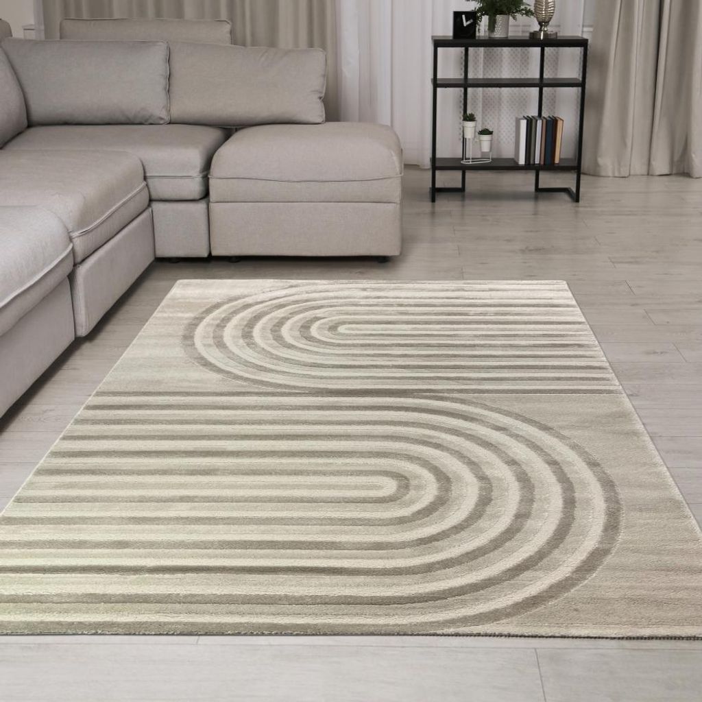 Designteppich Creme Beige modern Streifenoptik pflegeleicht strapazierfähig Glanzeffekt Wohnzimmer Schlafzimmer Flur Größe - 240 x 340 cm