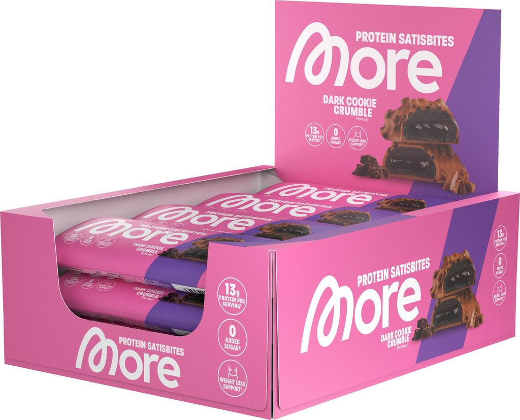 MORE Protein Satisbites, 12er Box Proteinriegel, 12 x 2 x 25 g, Dark Cookie Crumble, bis zu 16 g Protein pro Portion, ohne Zuckerzusatz, made