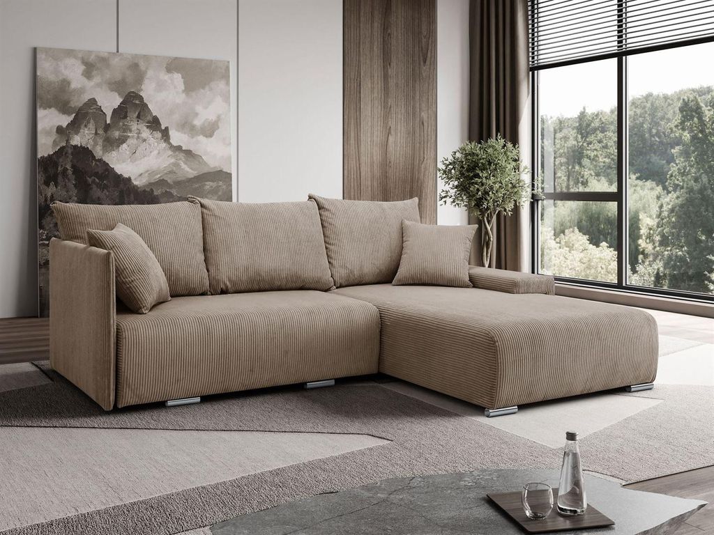 Margaret Hadas24 Ecksofa L Form Lauren 246x188 cm mit Schlaffunktion, Bettkasten, Schlafsofa, 4 Sitzer Bettzeugablage Eckcouch Cord, capuccino rechts