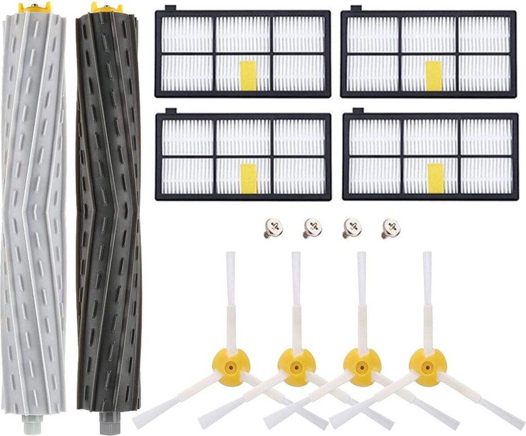A collection of vacuum cleaner accessories, including brushes, filters, and screws, arranged on a white background.