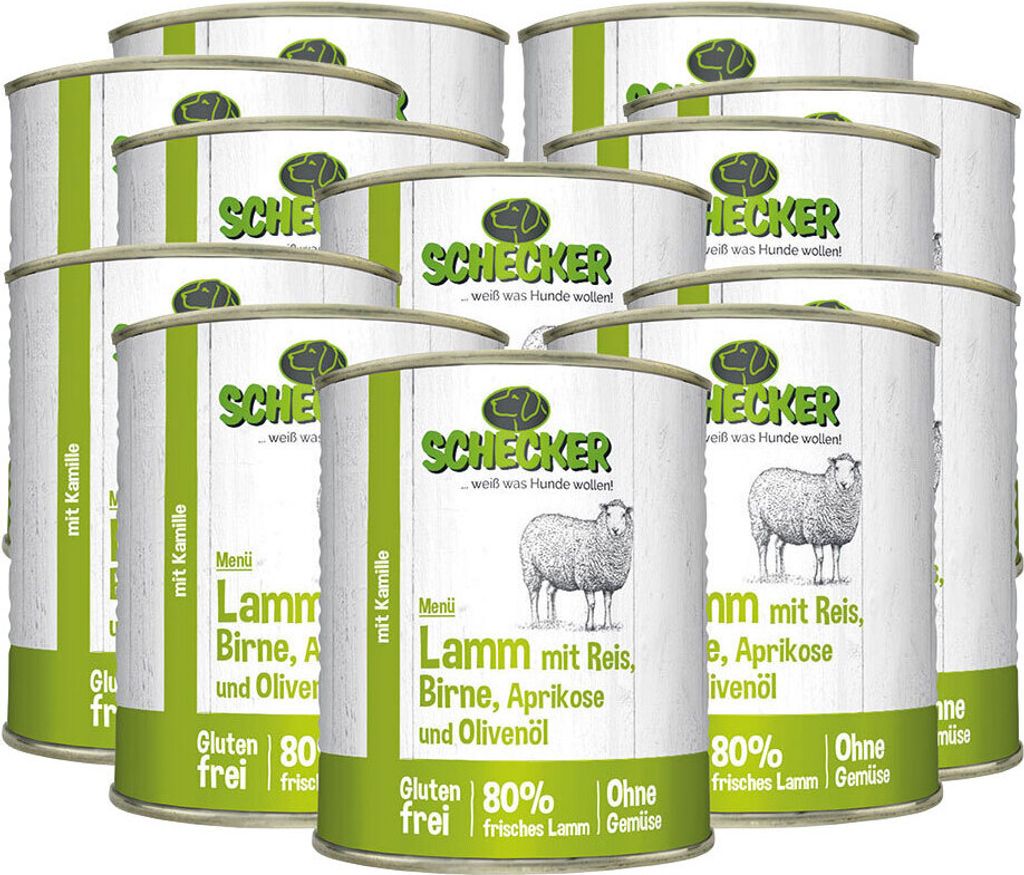 12 x 820 g - Schecker Hundemenü Nassfutter - Lamm mit Reis, Birne, Aprikose und Olivenöl