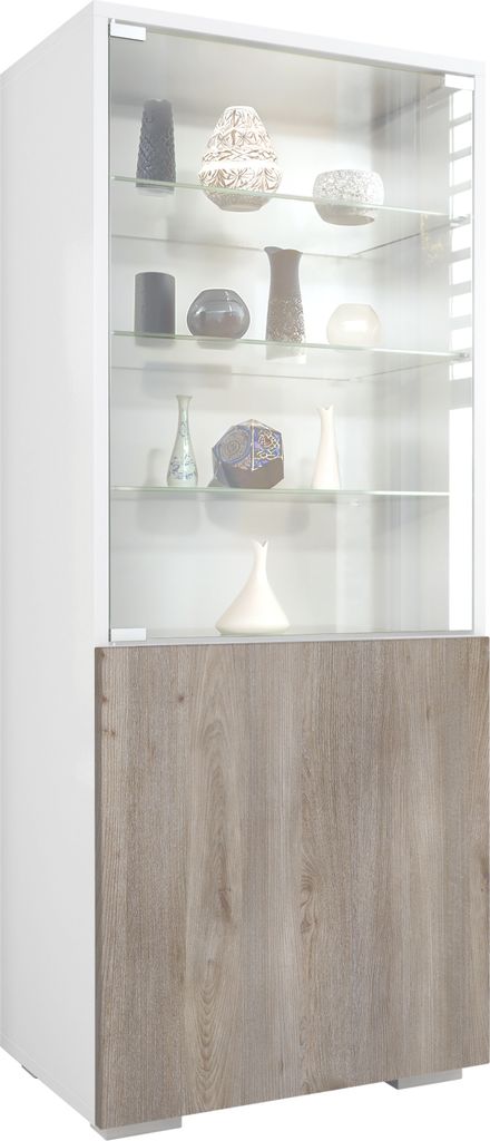 Vladon Vitrine Granada, Germany, Vitrinenschrank mit Glastür und Glaseinsatz, Weiß matt/Eiche Nordic (50 x 122,5 x 34,5 cm)