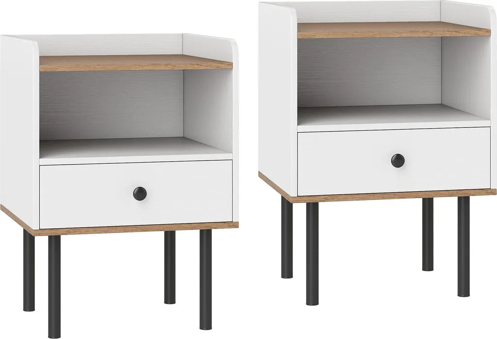 Pack de 2 tables de chevet pour chambre parentale, blanc mat et tiroir