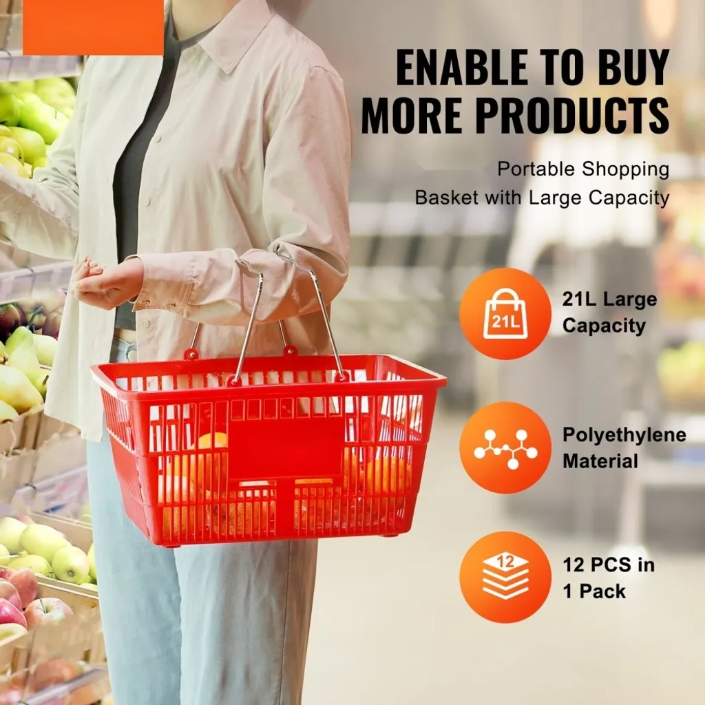 Panier d'achat incassable 21L avec anse fer, pack de 12 avec support
