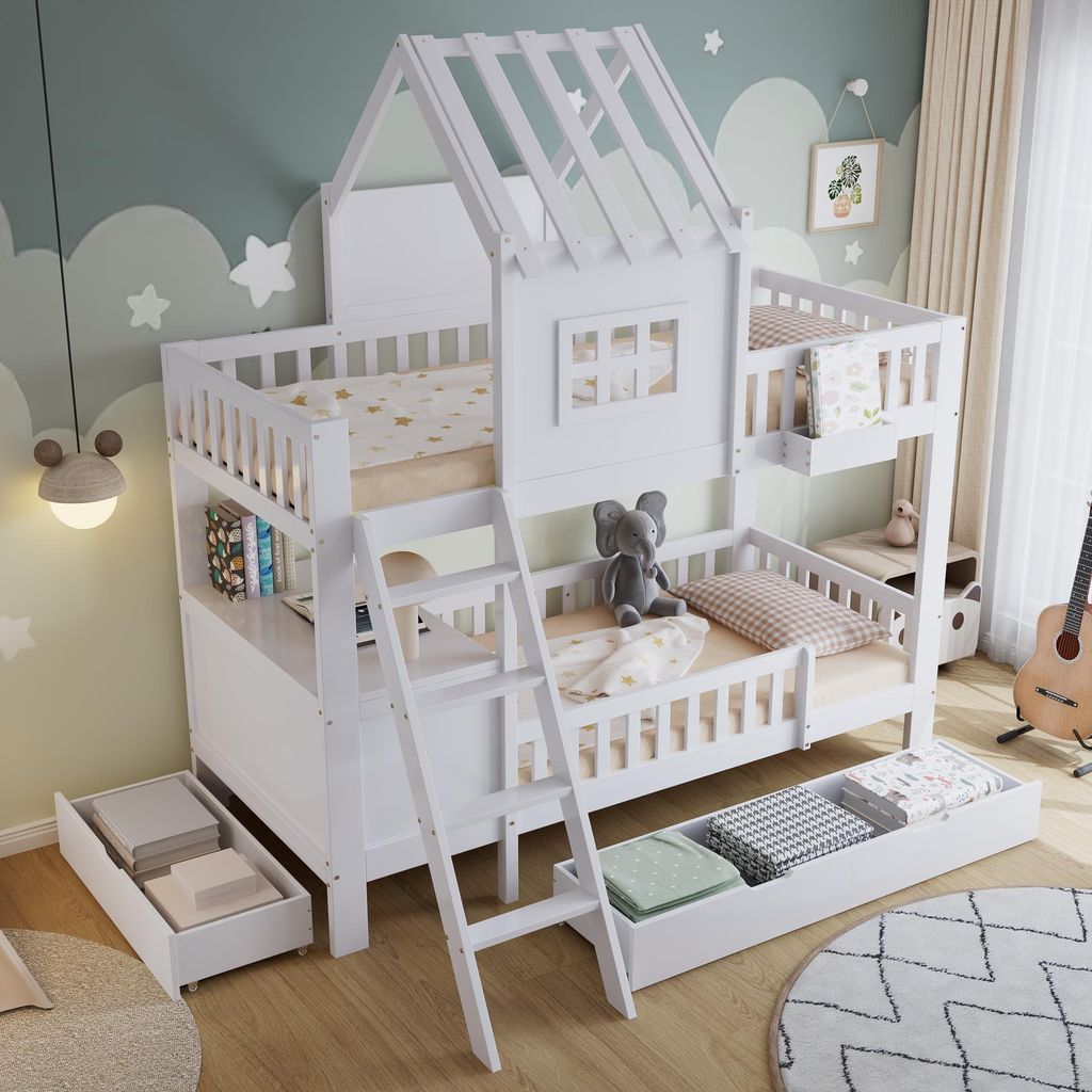 MODFU Kinderbett Etagenbett 90x200cm mit Zwei Schubladen, Jugendbett mit Lesetisch und Ablagekorb,Bettgestell mit Schönes Dach und Fenster,Weiß...