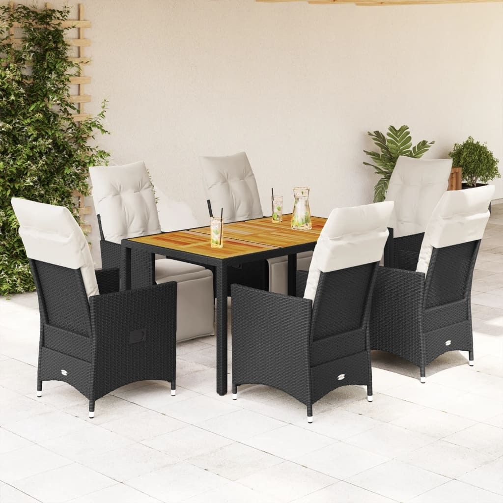 "Rabatt" 7-tlg. Garten-Essgruppe - mit tishe & Stuhl - mit Kissen Schwarz Poly Rattan - Lounge-Dining set CC10778