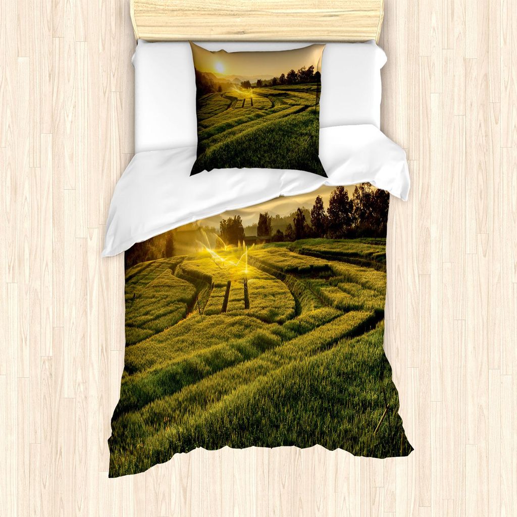 ABAKUHAUS Land Bettbezug Set, Gersten Feld Sonnenuntergang Samoeng Chiang Mai Thailand Asiatisches Natur Bild, 135 x 200 cm + 80 x 80 cm, Grün Gelb