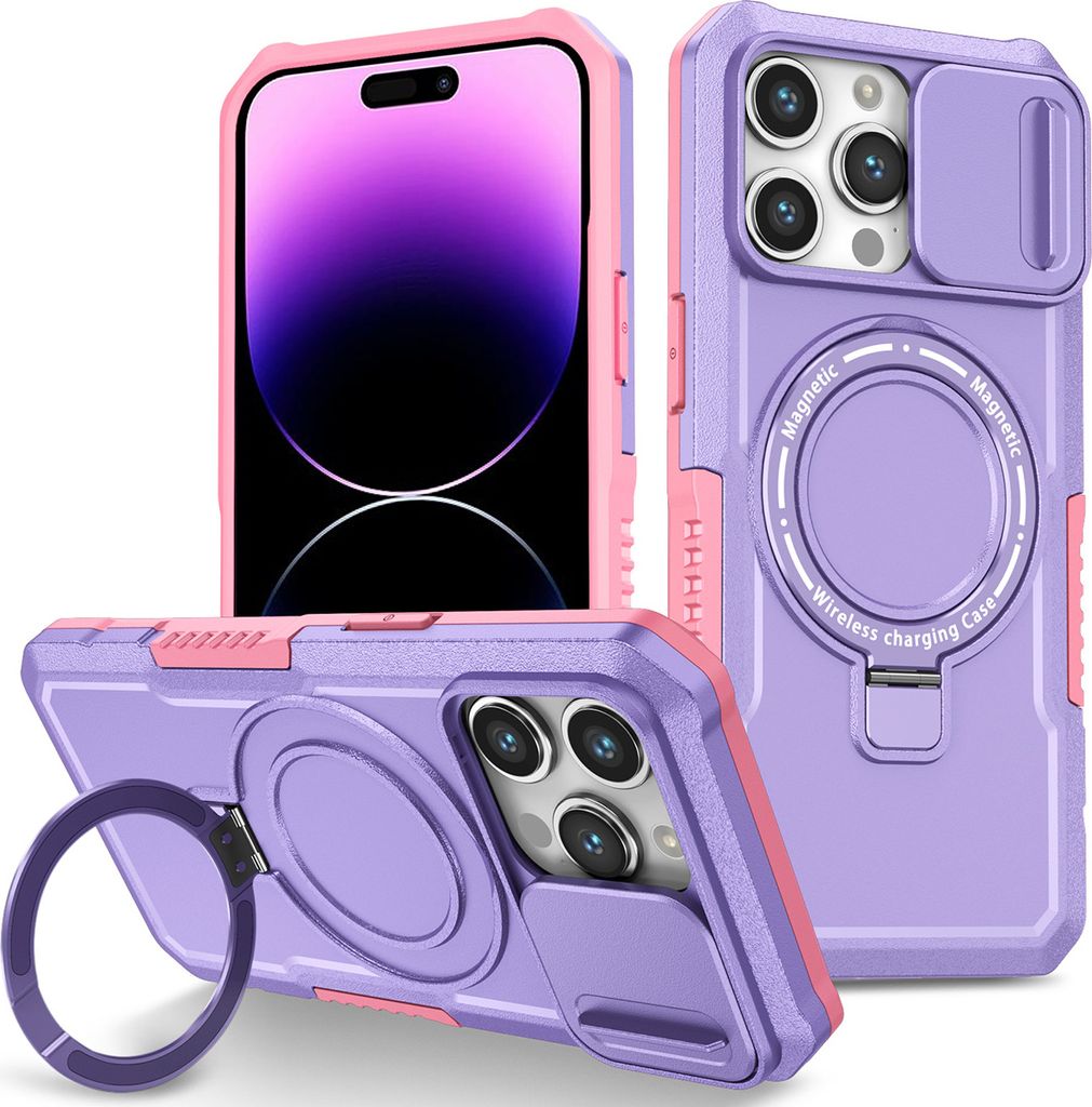 Handyhülle für iPhone 14 Pro Kompatibel mit MagSafe, Robuste Hülle mit Schiebe Kamera Schutz, Magnetischer Ringständer Lila