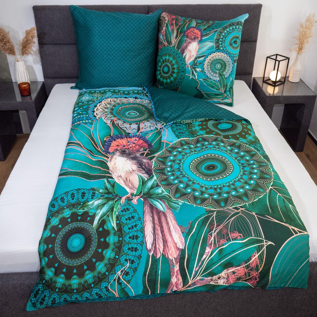 Traumschloss Satin Bettwäsche - Damalia - Mandalas mit Vogel, grün 155 x 220 cm Mandalas mit Vogel und Pflanzen, grün