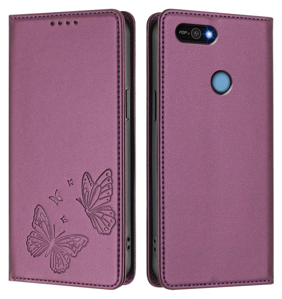 Lederhülle für Tecno Pop 2/Pop 2 Pro/Pop 2 F, Schmetterling Prägung Leder Brieftasche Schutzhülle mit Ständer Lila