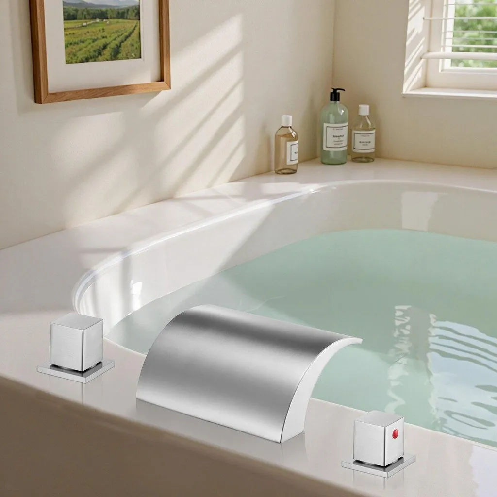 Mélangeur de baignoire cascade 3 trous avec douchette argent chromé - 8