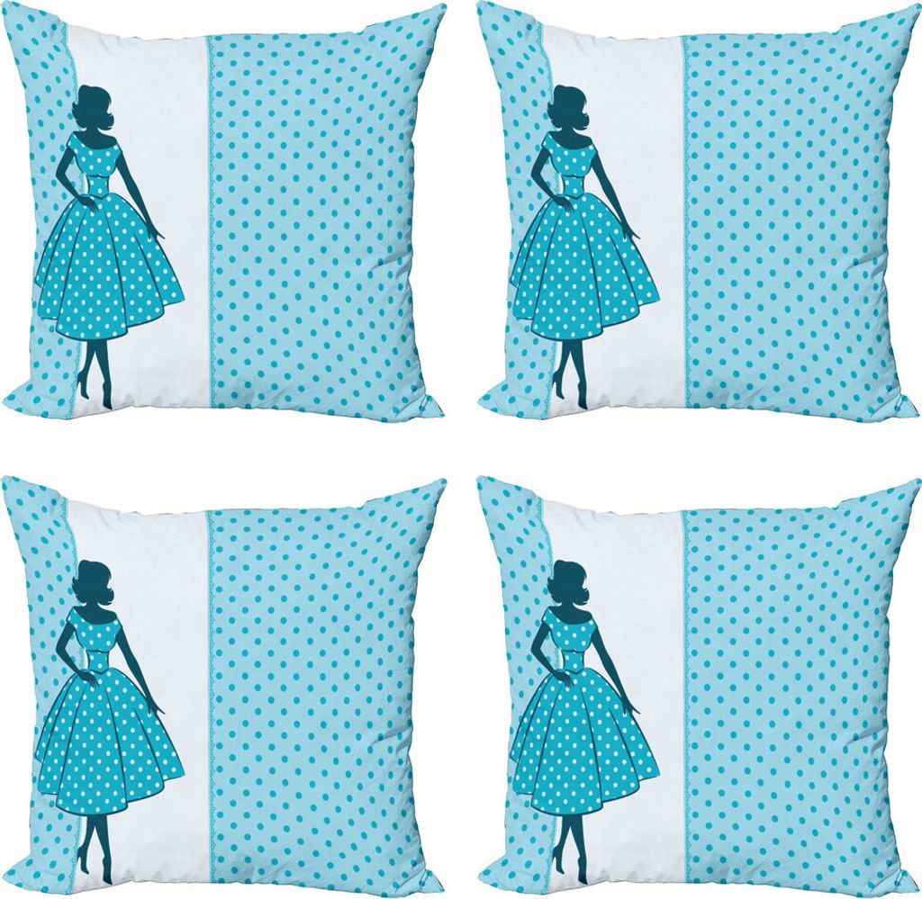 ABAKUHAUS Weinlese-Frau Kissenbezug Set (4 Stück), Polka-Punkt-Kleid, Moderner Doppelseitiger Digitaldruck, 60 cm x 60 cm, Pale Blue Teal weiß