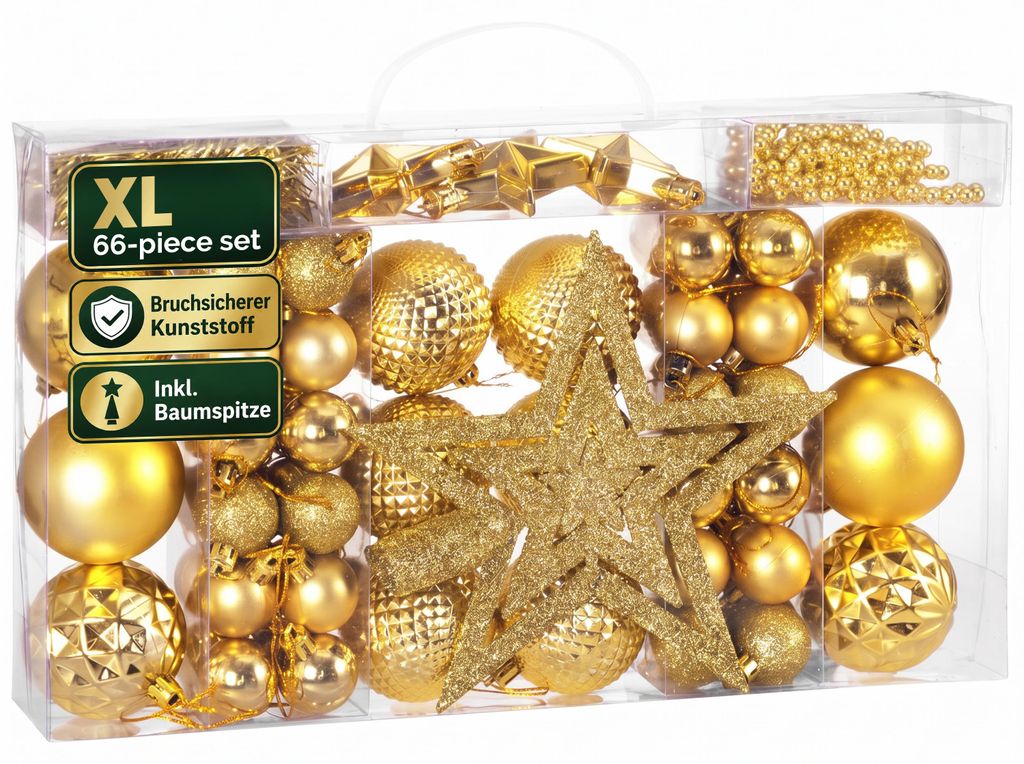 DEUBA® Weihnachtskugeln 66tlg Baumschmuck-Set mit Sternen Produktbild  KI-generiertes Bild