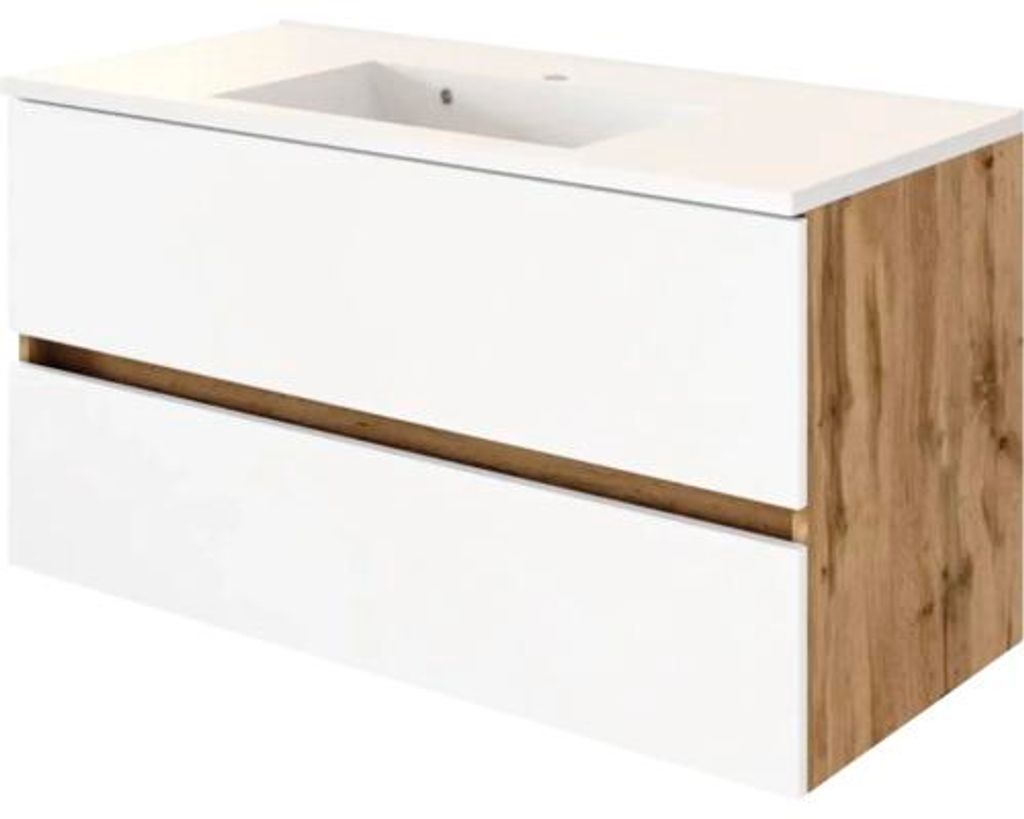 Held Möbel Waschbecken mit Unterschrank Nizza 100 cm x 54 cm x 47 cm Frontfarbe weiß matt Korpus wotaneiche Waschtisch M
