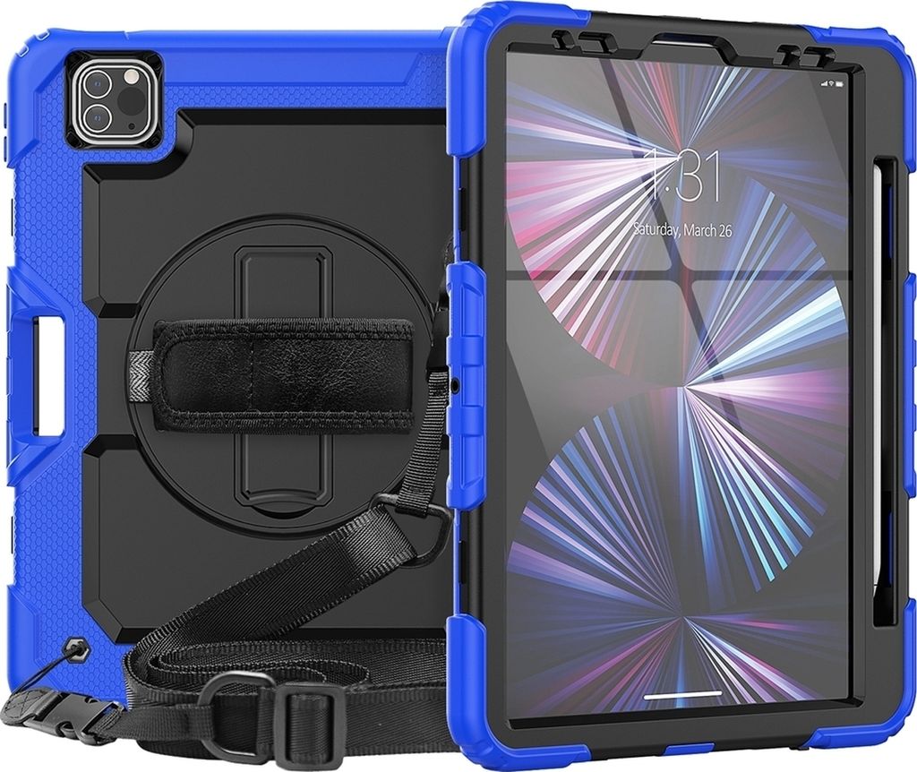 Mobigear SureGrip Xtreme iPad Air 11 Zoll (2025) Hülle Kunststoff,Silikon Backcover + Stifthalter + Schulterträger + Ständer - Dunkelblau