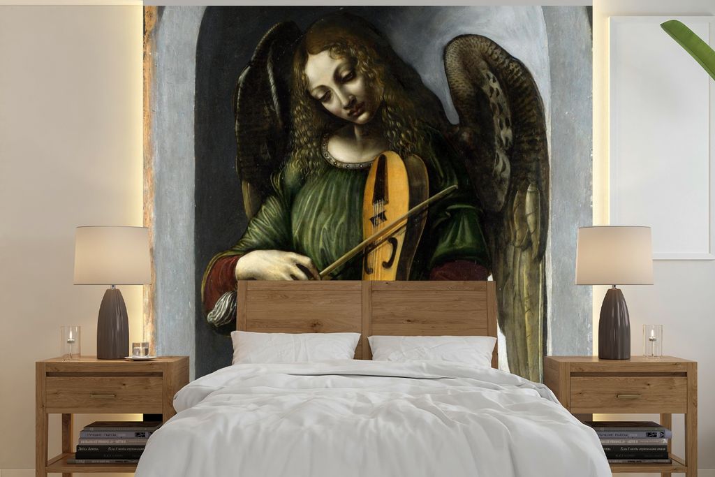 MuchoWow Fototapete für Wohnzimmer oder Schlafzimmer Wandtapete Vinyl Motivtapete Ein Engel in Grün mit einer Fahne - Leonardo da Vinci - 350x3...