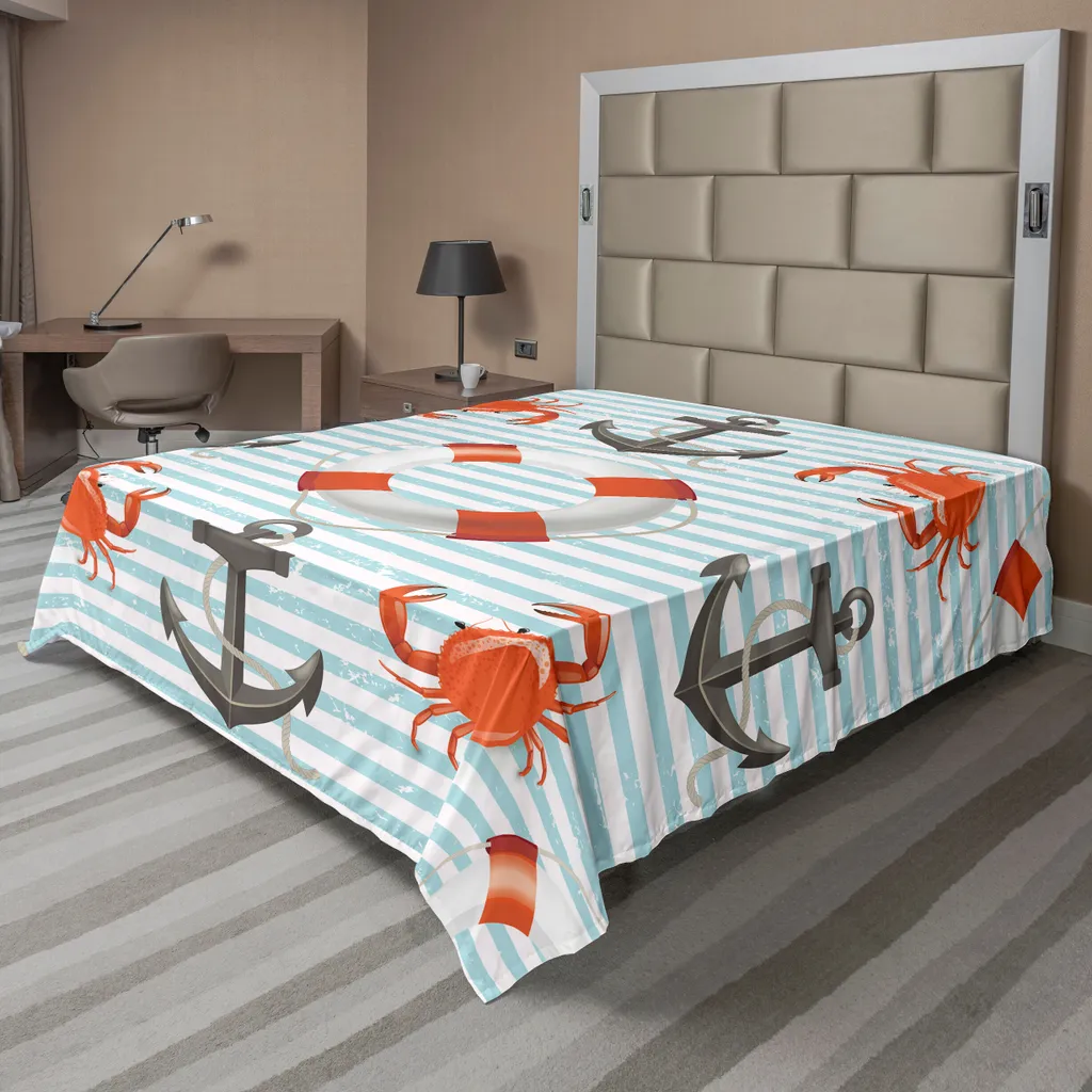 Drap de lit supérieur au thème océanique, imprimé rayé bleu et vert