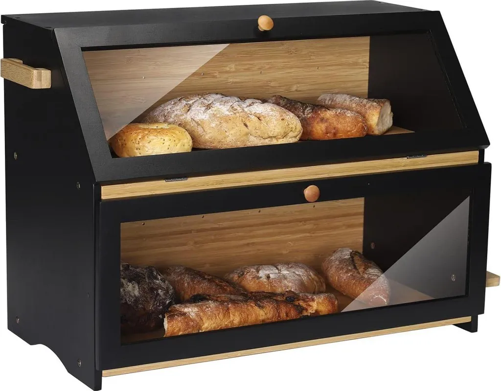 Grande Portapane per Famiglia 50cm - Bambù Nero 2 Piani con Tagliere